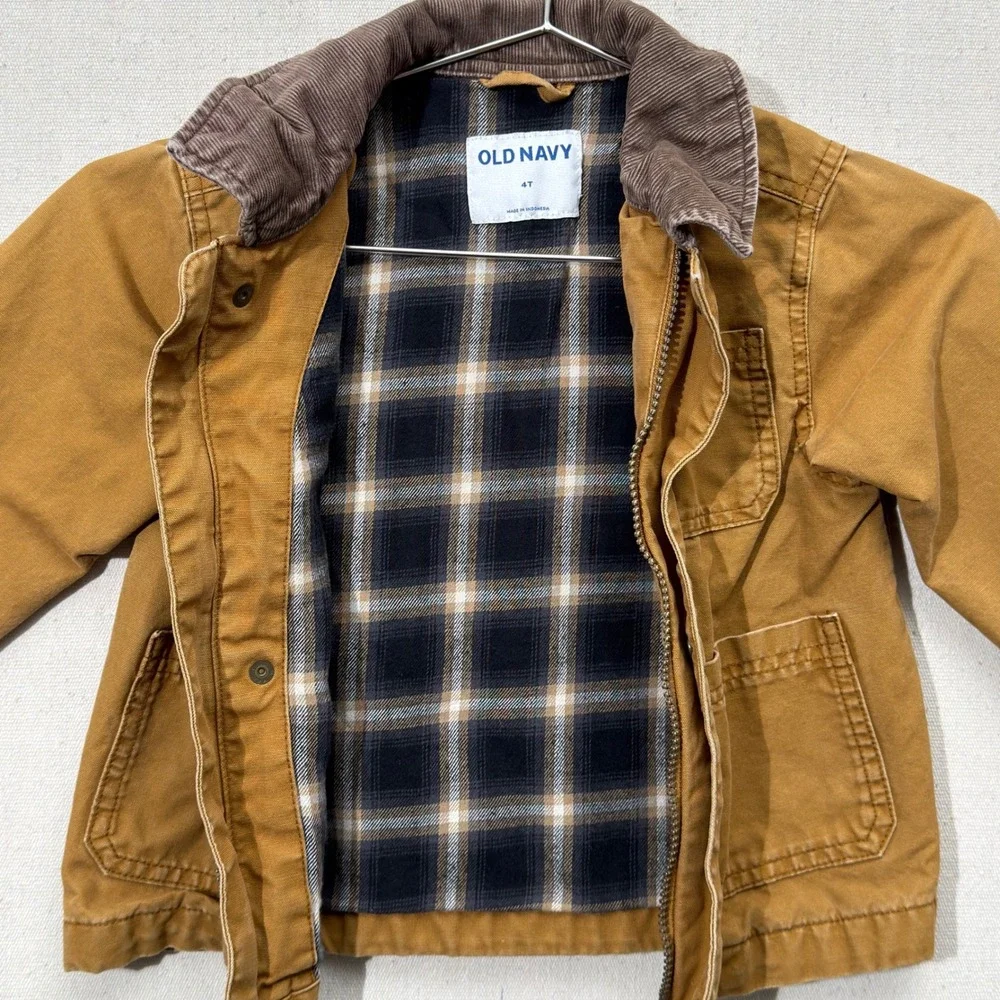 Old Navy Chore Coat barn jacket Kids 4T Canvas Plaid Lined Corduroy Collar